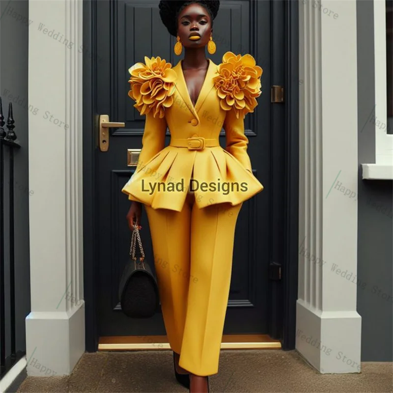 

Yellow Women Suit Pants Set 2 Piece Blazer+Trousers 3D Flower Luxury Formal Office Lady Jacket Customized Wedding Guest Coat