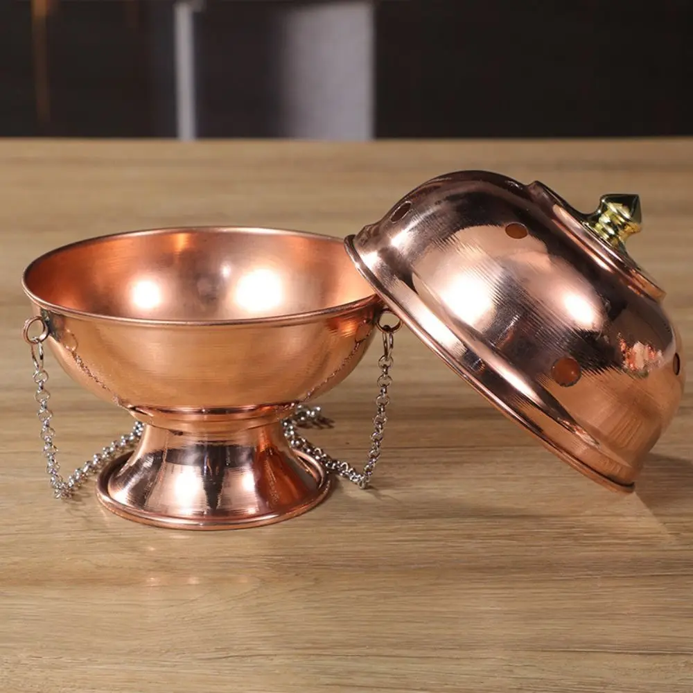 Engraved Hanging Incense Burner Perforated Lid Hanging Chain Decorative Censer Polished Finish Copper Aromatherapy Stove