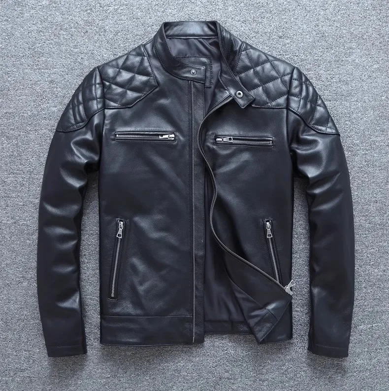 LNY Shop Top.Classic Motor Rider Short leather jacket.Mens black Slim cowhide coat.quality Wholesale natural leather cloth.