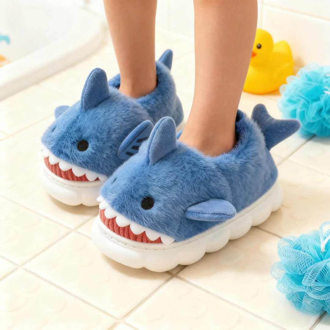 Sandal Anak-anak Sepatu Rumah Sepatu Musim Dingin Hiu untuk Anak-anak Bulu Katun Hangat Anti-selip Sol Lembut Sepatu Biru Oranye Ukuran 24-36