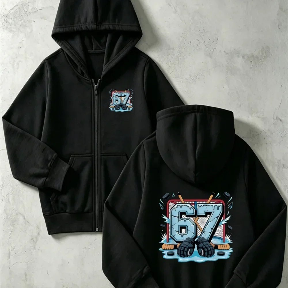 Kids Long Sleeve Zip Hooded Sweatshirt Double Side Frozen Ice Hockey Number 67 Stick Glove Goal Graphic Loose Casual Hooded Jack