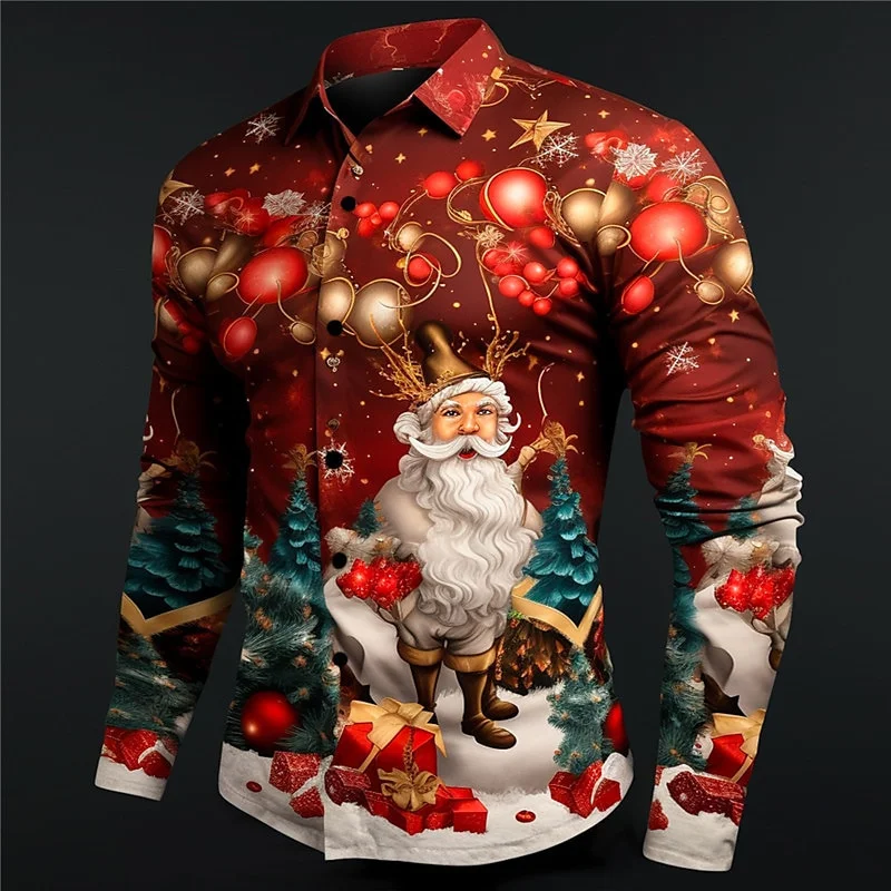 

3D Printed Reindeer Snowman Hawaiian Shirts Men Stars Santa Claus Pattern Aloha Shirts Casual Loose Long Sleeve Blouse Lapel Top