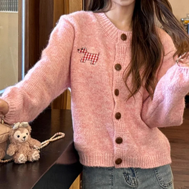 

Sweet Girl Dog Patchwork Candy Colored Open Cardigan Sweater Thick Winter Women's Style French Retro Forest Coat