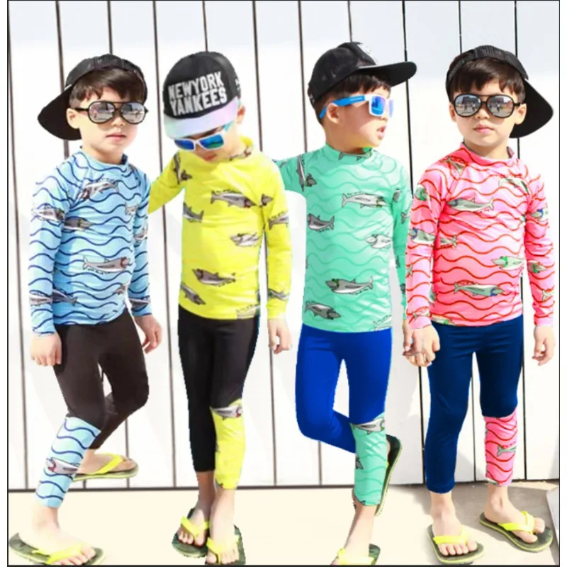 Children's Swimsuits Boys Middle and Large Children Sunscreen Long-sleeved Long Pants Students Big Size Cartoon Swimsuit