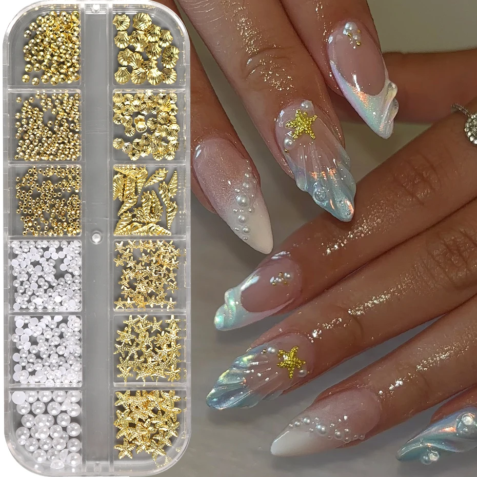 Encantos 3D de estrella de mar y conchas doradas, tachuelas de metal, perlas, cuentas de caviar, tachuelas de verano, decoraciones de arte de uñas 3