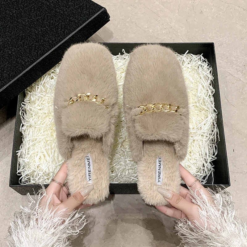 Women Slippers 2024 Autumn/winter Plush Fluffy Slippers New Korean Outdoor Fashion Cotton Shoes Metal Decorative Warm Flat Shoes