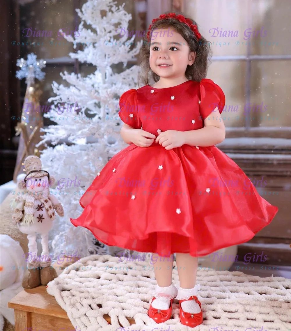 

Lovely Christmas Cute Flower Girl Dress Exquisite Red Tulle Fluffy with Bow for Kids Birthday Party Evening Ball Gowns
