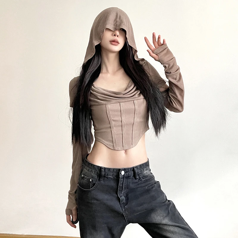 

Designer Personality Wasteland Style Versatile Cut-off Long-Sleeved T-shirt Solid Color Outer Wear Hooded Navel Fishbone Top