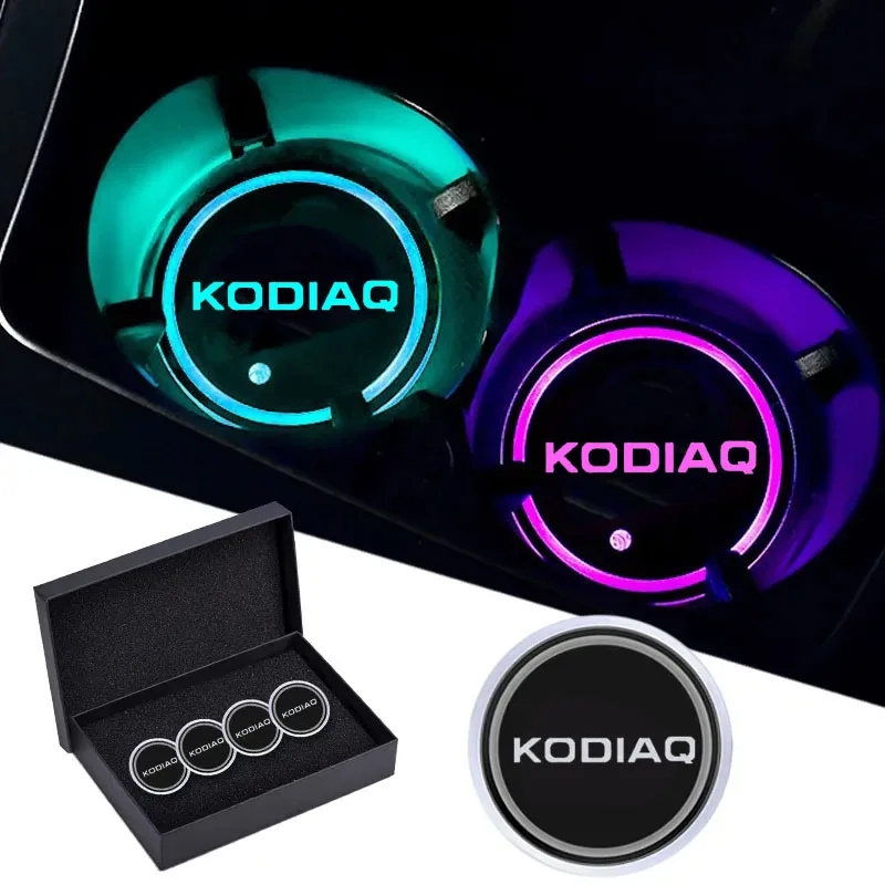 Car Logo LED Luminous Water Cup Coaster Colorful Coaster Lamps for Skoda Kodiaq 2016 2017 2018 2019 2020 2021 Car Accessories