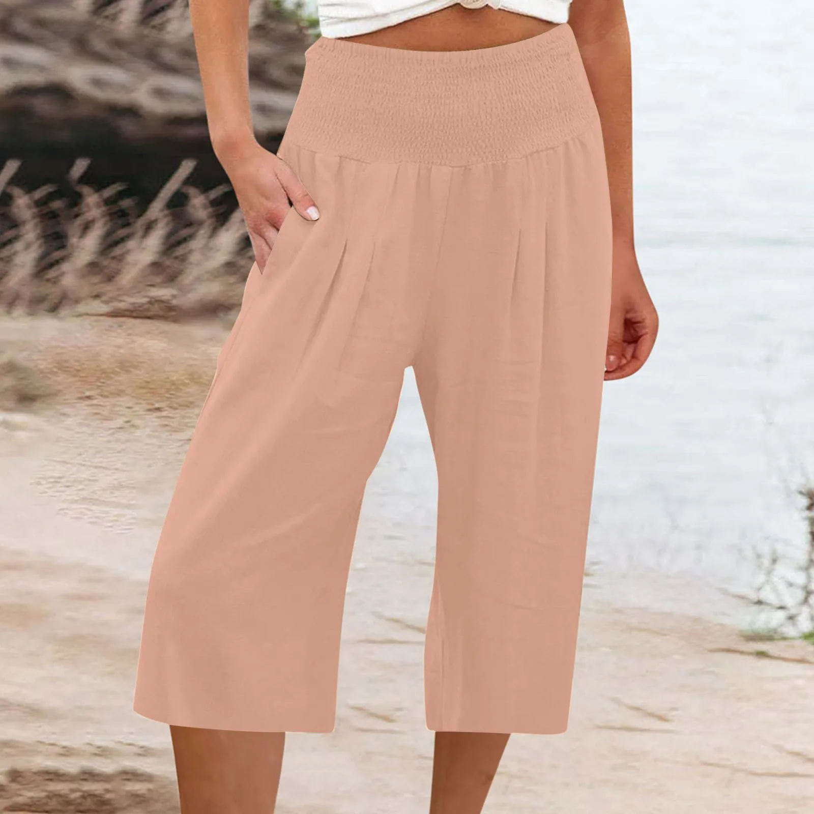 Pantalones sencillos y cómodos para mujer, Capri deportivo holgado, de algodón y lino, Color sólido, con cintura elástica