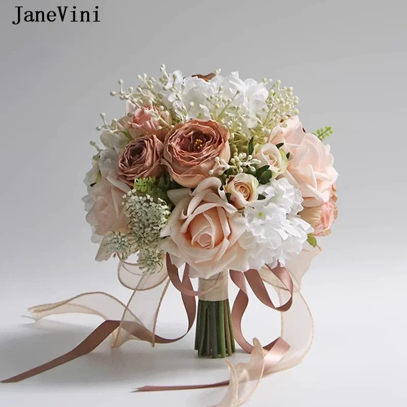 

JaneVini Elegant Pink White Bridal Bouquets Artificial Silk Roses Bride Bridesmaid Holding Flowers Bouquet Wedding Accessories