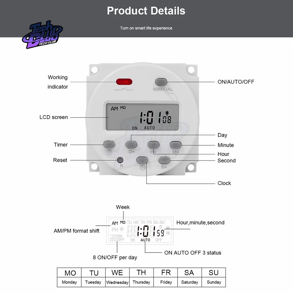 1 secondo intervallo 5V 12V 24V 110V 220V interruttore Timer digitale 7 giorni programmatore relè orario programmabile settimanale alimentatore CN101