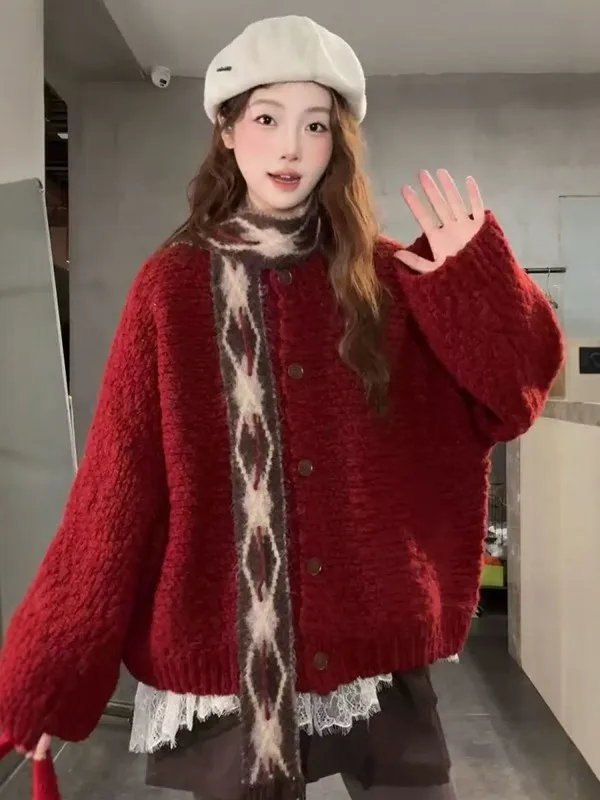 

Red Knitted Sweater Coat Lazy High-End Feeling New Year Women's Loose Fit Long Sve Button up Warmth Outerwear