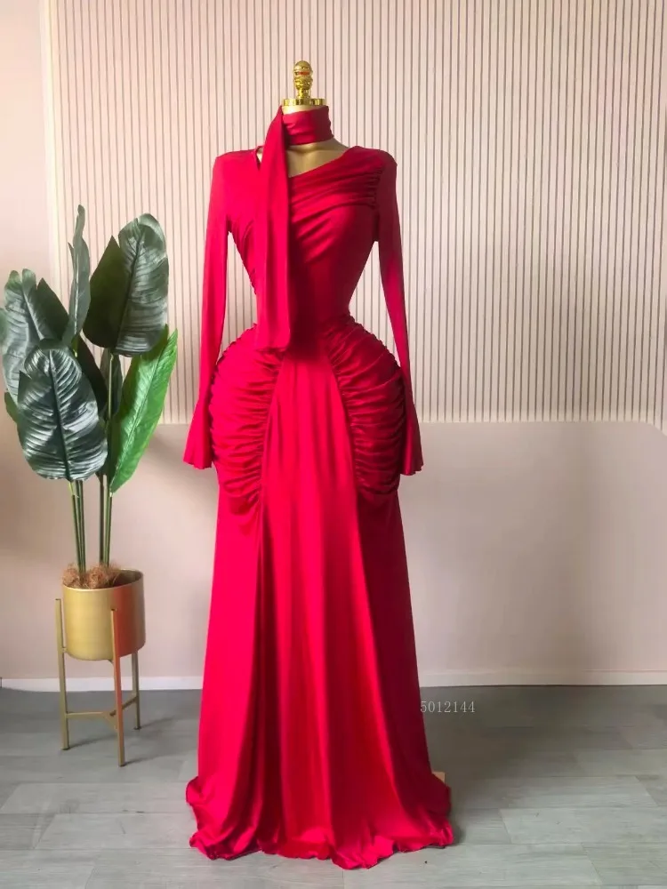 

2026 Women Skew Neck Flare Long Sleeve Ruched Stacked Maxi Long Dress Fall Birthday Evening Sexy Party Dresses with Scarf