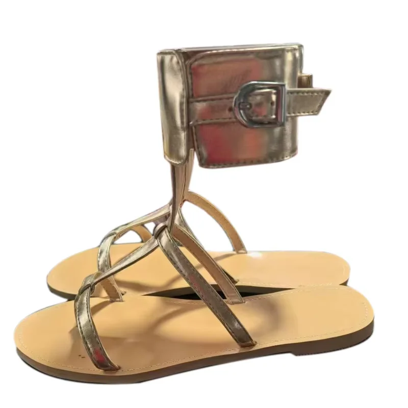 

DIZHUANG Sexy women's flat sandals. Golden PU leather sandals Ankle buckle strap Summer women's shoes Fashion show banquet shoes