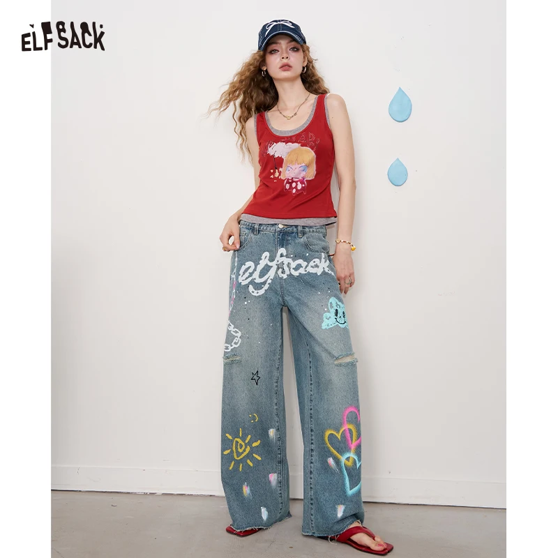 ELFSACK 2025 été nouveauté Y2K Graffiti détruit Denim pantalon jambe large Streetwear jean pour femme
