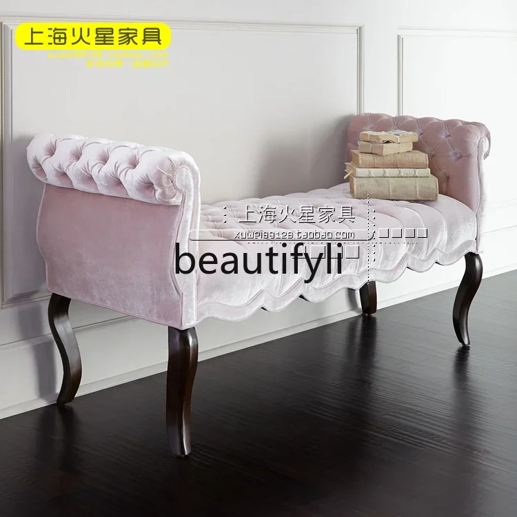 

A16 American minimalist fabric pull-up sofa, European-style rural solid wood bedside stool, French casual sofa stool