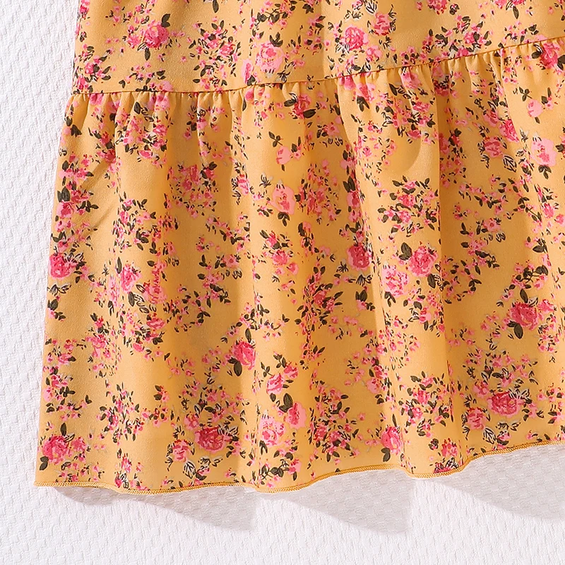 Summer  Dress For 8-12 Years Kids Girls Puffy Sleeves Yellow Floral Skirt Long dress Elegant Princess Birthday Party Daily Dress