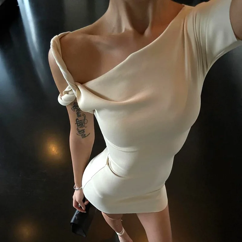 American Skinny Bodycon Summer Midi Dress Diagonal Collar Street Women Party Dresses Club Sexy Vintage Fashion Elegant Vestidos