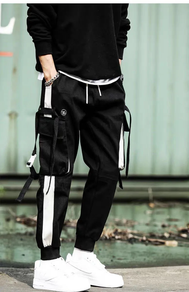 Functional fashion brand overalls men's personality ribbon tie-in Korean version of the trend of Loose Street hip-hop pants