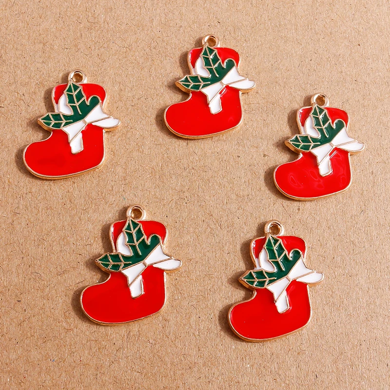 10pcs 23*20mm Enamel Christmas Sock Stocking Charms Pendants for Earrings Necklace DIY Bracelet Jewelry Making Accessories