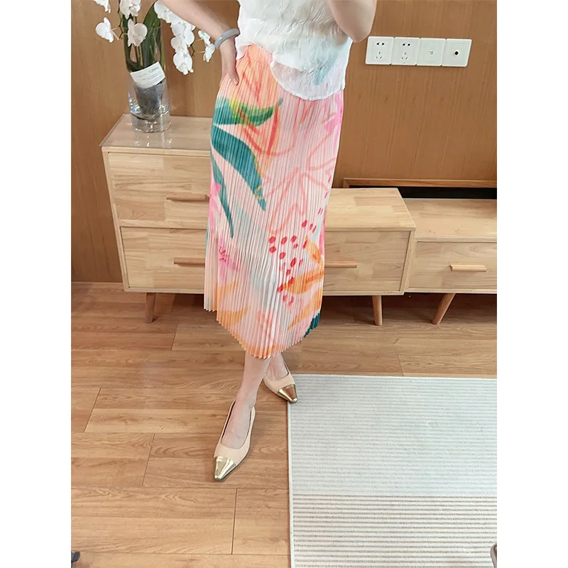 

Casual Women's Half Skirt Miyake 2025 Summer New High Waist Printed Fashion Design Sense Comfortable Peplum Pleated Midi Skirt