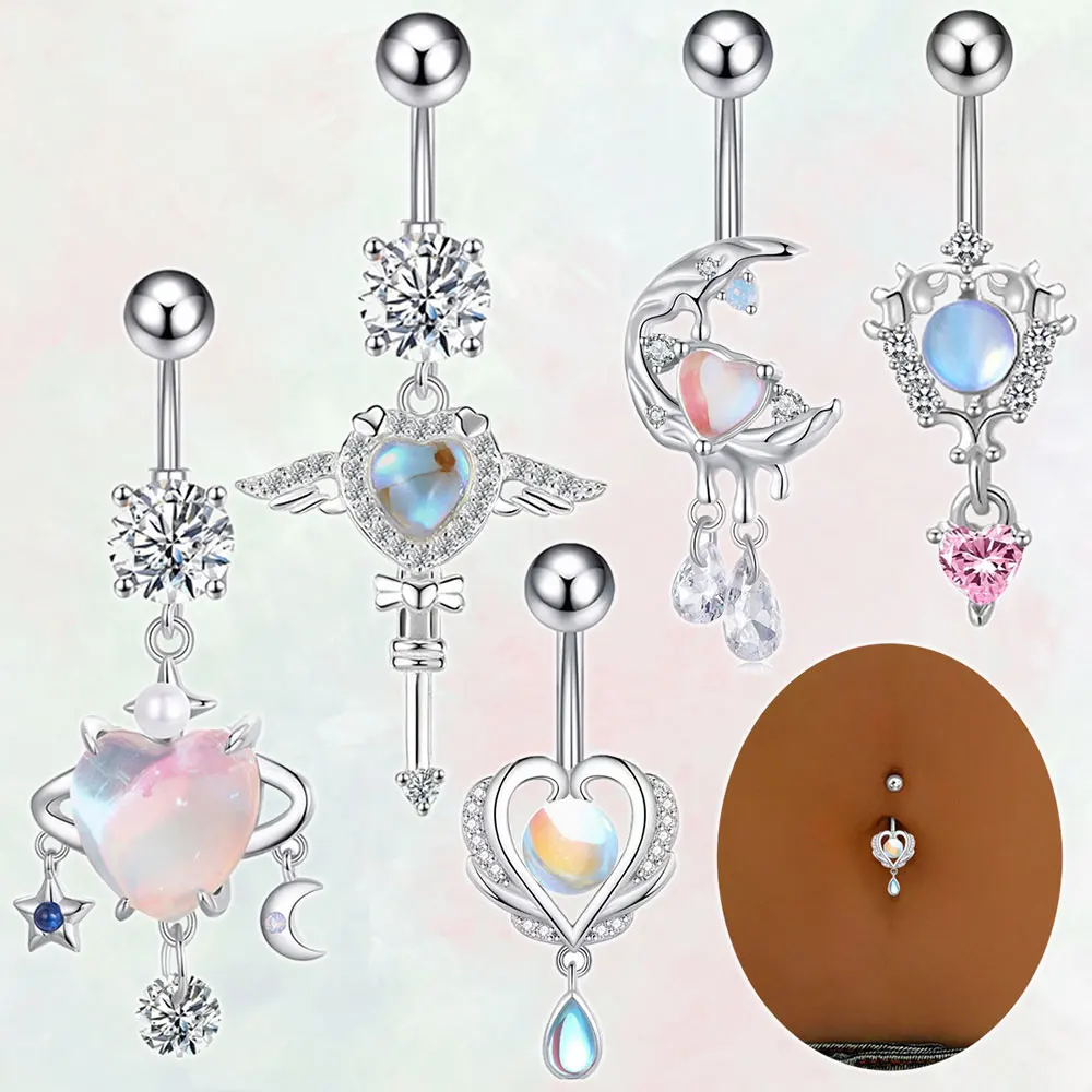 

2025New Stainless Steel Zircon Dangle Belly Button Ring 14G Pink Heart Belly Button Piercing Nombril for Women Sexy Body Jewelry