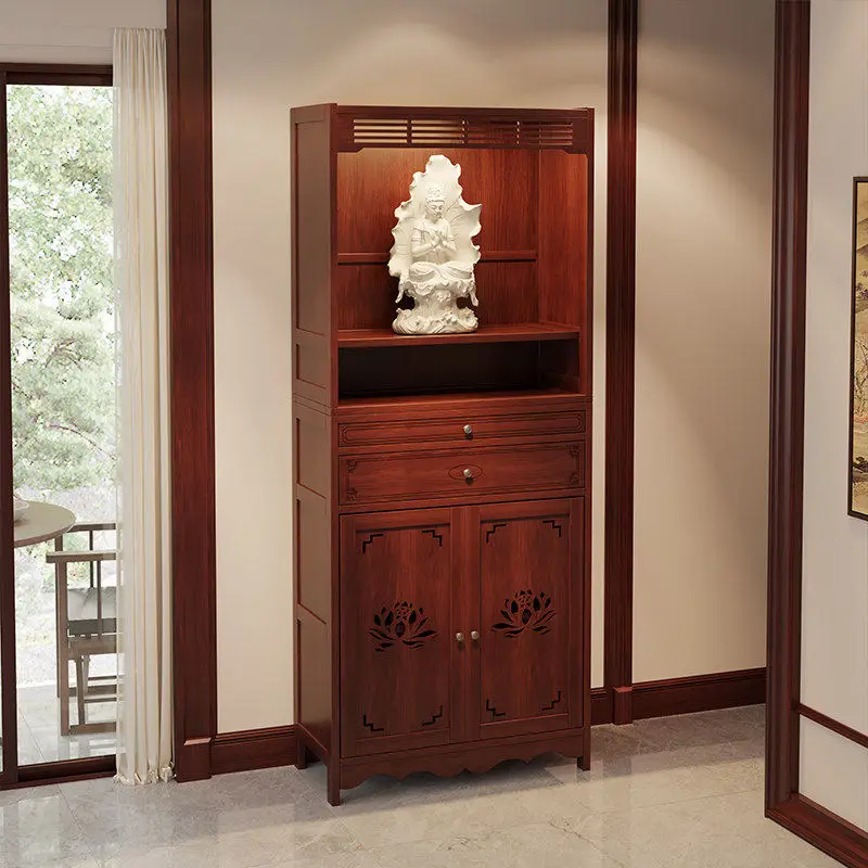 LH, Shrine is dedicated to the God of Wealth, and the Guanyin Buddha statue is placed in the cabinet