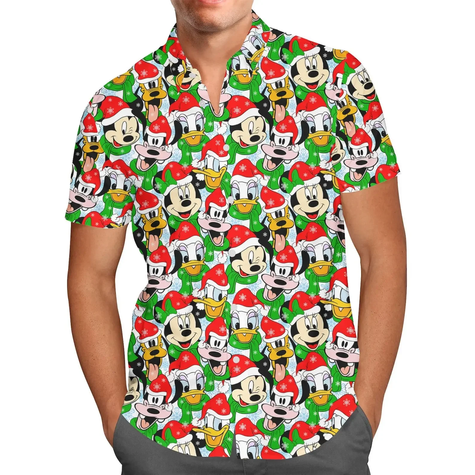 Disney-Camisa havaiana masculina e feminina de botão manga curta, Minnie Mouse, Natal, Camisa de praia casual