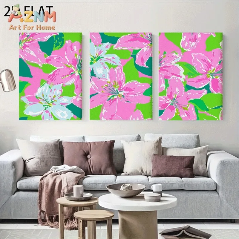 Unframed 3PCS Bright Pink Green Lily Flower Canvas Wall Art Vivid Watercolor Floral Print Poster Home Living Room Bedroom Decor