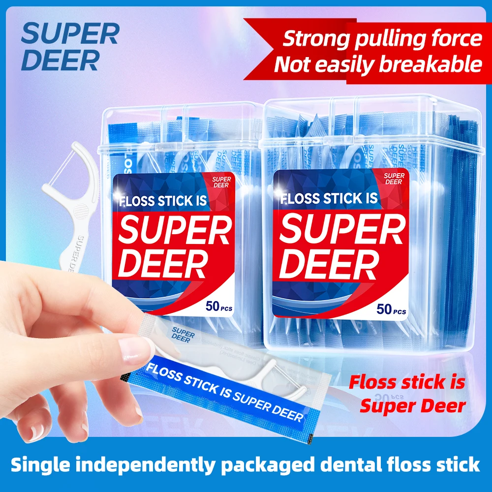 Super Deer Twin-line Dental Floss Sticks Individual Packing Portable Disposable Dental Floss Clean the Gaps Between Teeth 50PCS