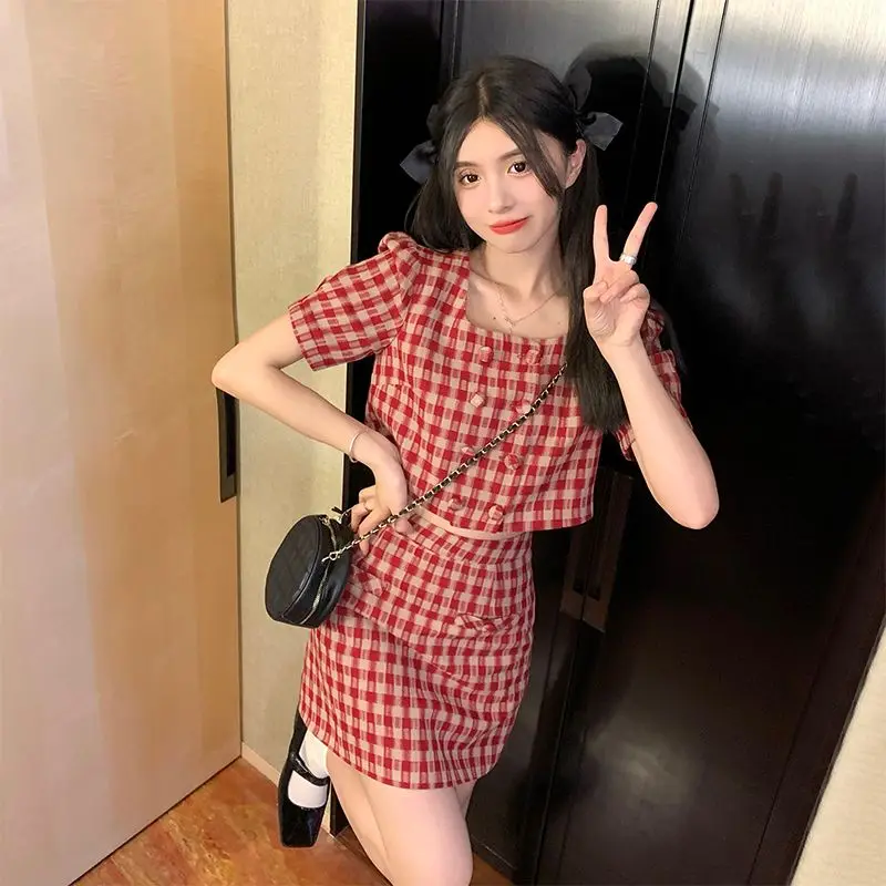 Sweet Girls Y2K Plaid Skirts 2pcs Set Korean Summer Short Sleeve Cropped Tops with A-line Mini Skirt Suits Women Fashion Outfits