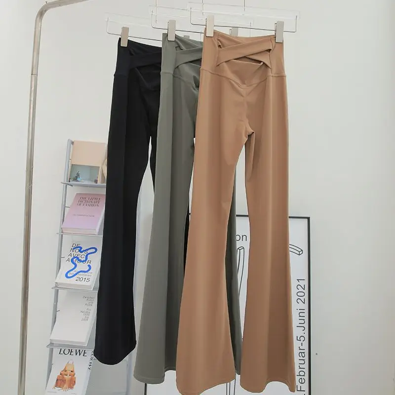 

High Waist Yoga Pants Women's Naked Feel Cross Tight Fit Casual Long Trousers Outerwear Slimming Bot Flared Pants
