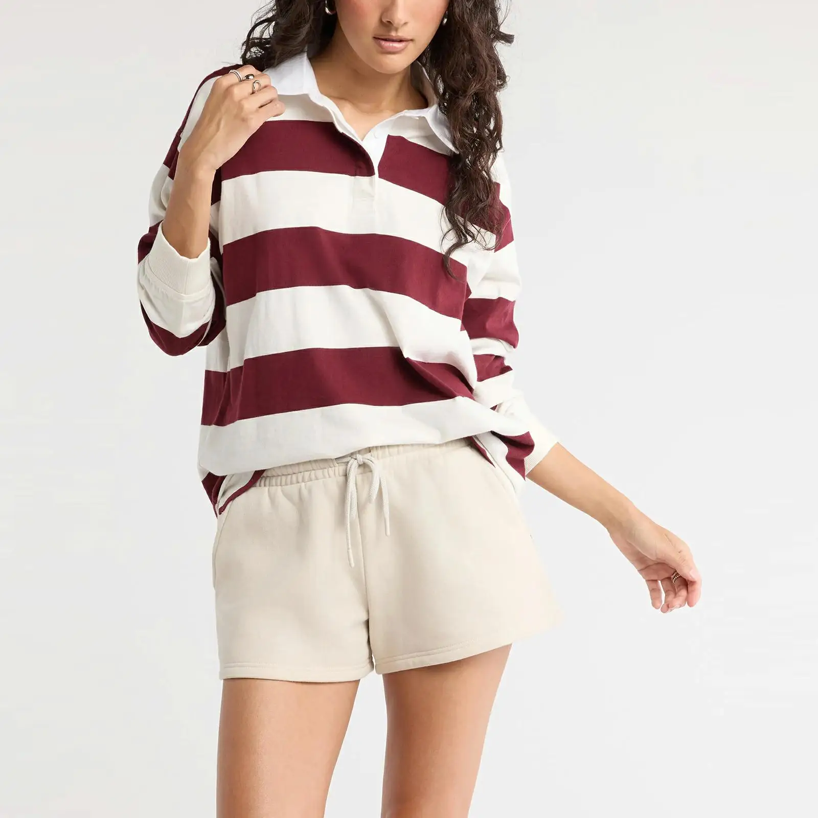 Combhasaki النساء Y2k مخطط المتضخم قمصان الرجبي في سن المراهقة الفتيات خمر بولو البلوز كم طويل زر تي شيرت غير رسمي بلايز