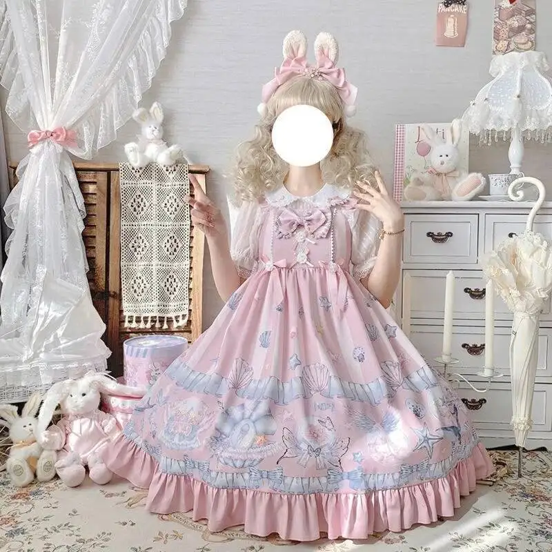 

Sweet Lolita Princess Party Jsk Dress Women Kawaii Pink Bow Trailing Dresses Cosplay Girly Elegant Cute Slip Dress