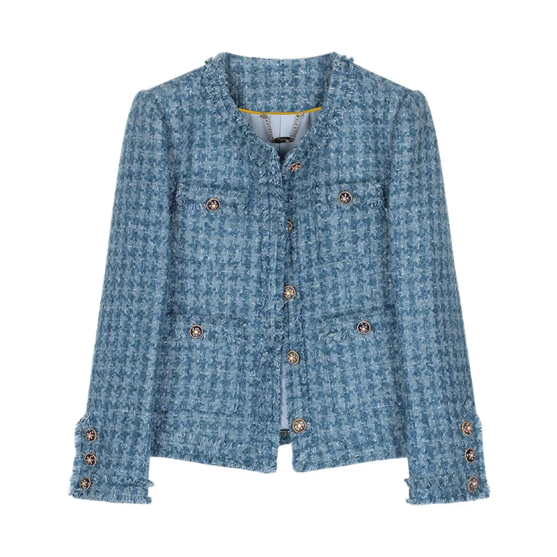 

Elegant Vintage Round Neck Tassel Blue Small Fragrance Coat Women Fashion Tweed Casual Basic Office Lady French Coat Woman