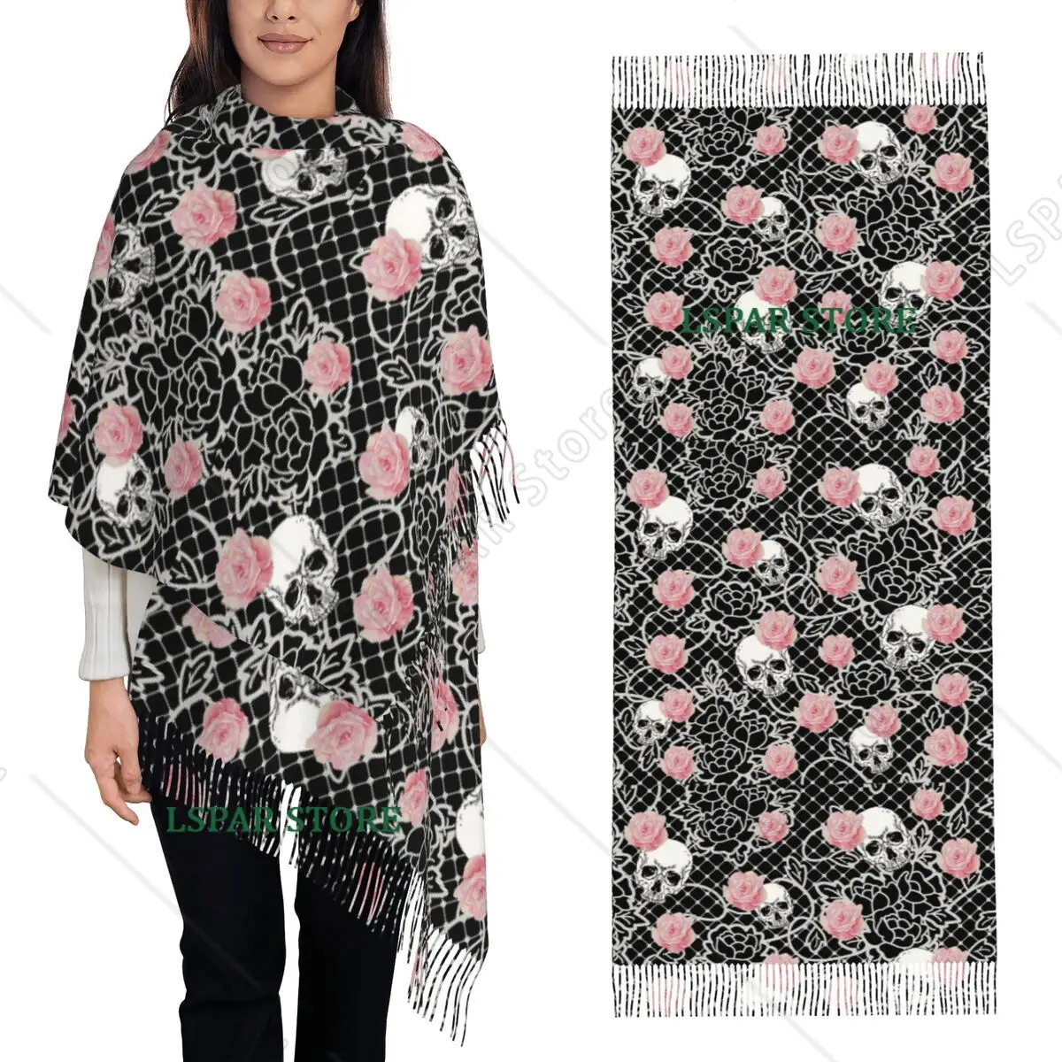 Skull Floral Rose Thorn Gothic Scarf Tassel Scarves Women Soft Warm Shawls and Wraps Long Fall Winter Shawl Wrap
