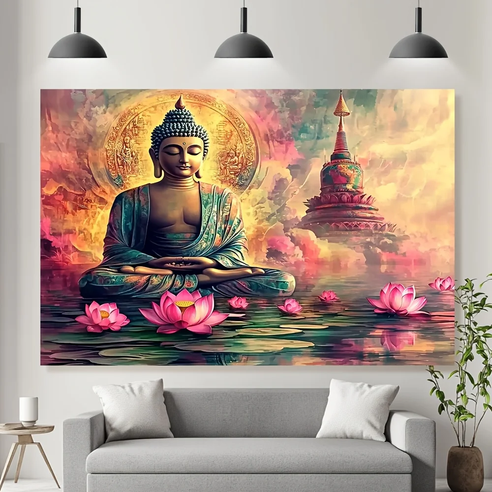 1 peça Estatua Buda Vibrante y Tapiz Flor Loto - Colgante Pared Llamativo con Diseño Meditación Serena, Perfecto par