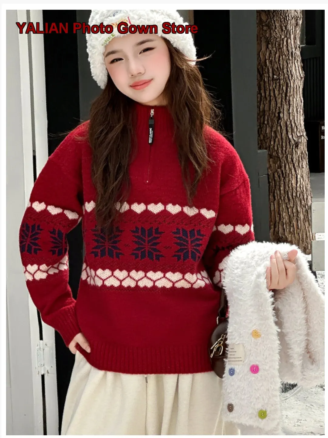 Girls Fair Isle Half-Zip Spring 2026 Loose Round Neck Knit Base Layer Top Kids