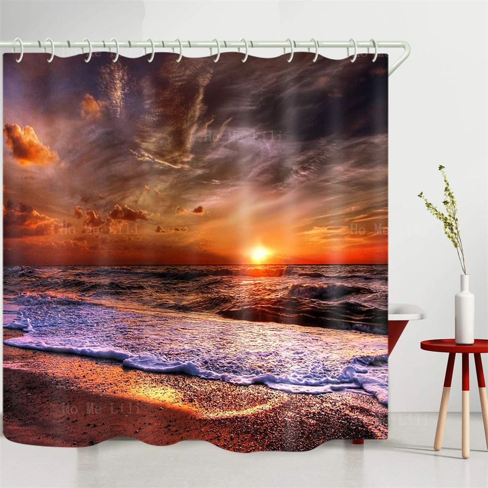 Summer Beach Orange Sandbeach Sunset Seascape Shower Curtain Set With Rugs Four-Piece