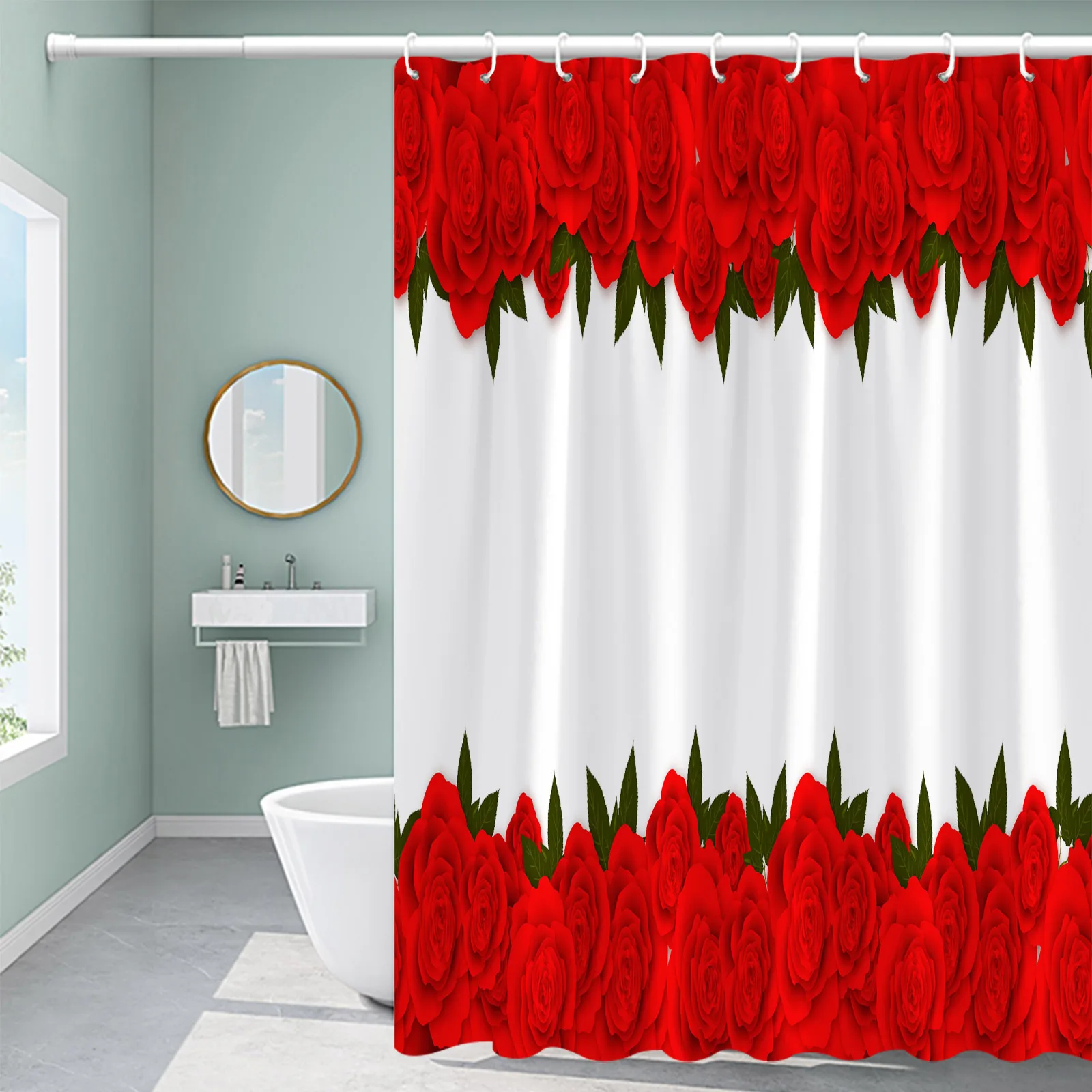 Decoración del Día de San Valentín, rosas rojas Cortina de ducha con globos, flor colgante, corazones completos de árbol, cortina de baño de tela estampada