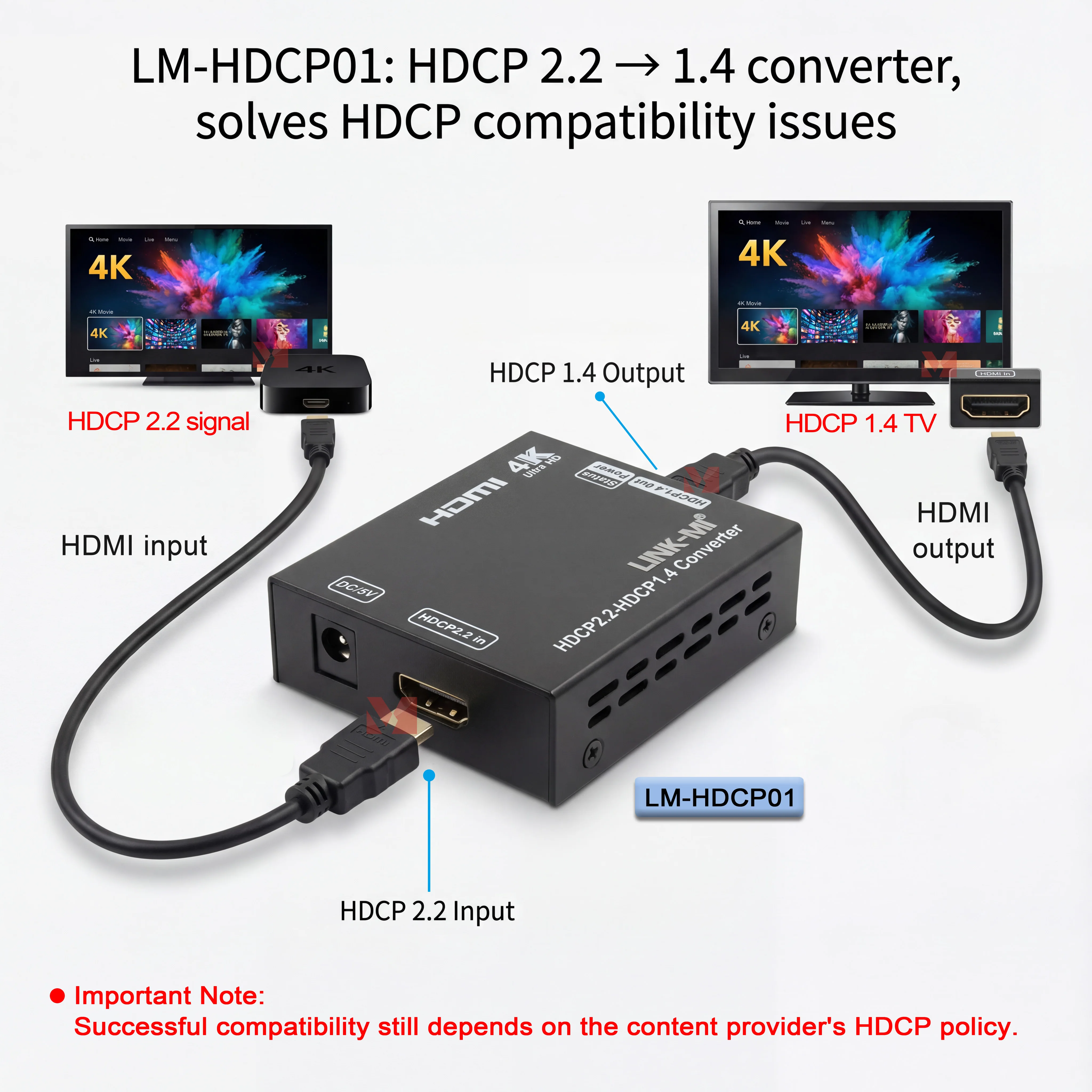 HDCP2.2 to 1.4 Converter link mi HDMI to HDMI YUV 4:2:0 UHD 4Kx2K Video Format Up to 1080p/4K /3D Video HDCP 2.2 to HDCP 1.4