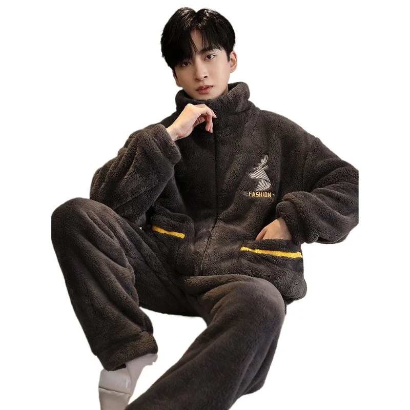 2026 Pajamas: Men's Cartoon Coral Fleece Stand Colar Zipper Loose and Thickened Teen Can Be Worn Outdoors Homewear Set Winter