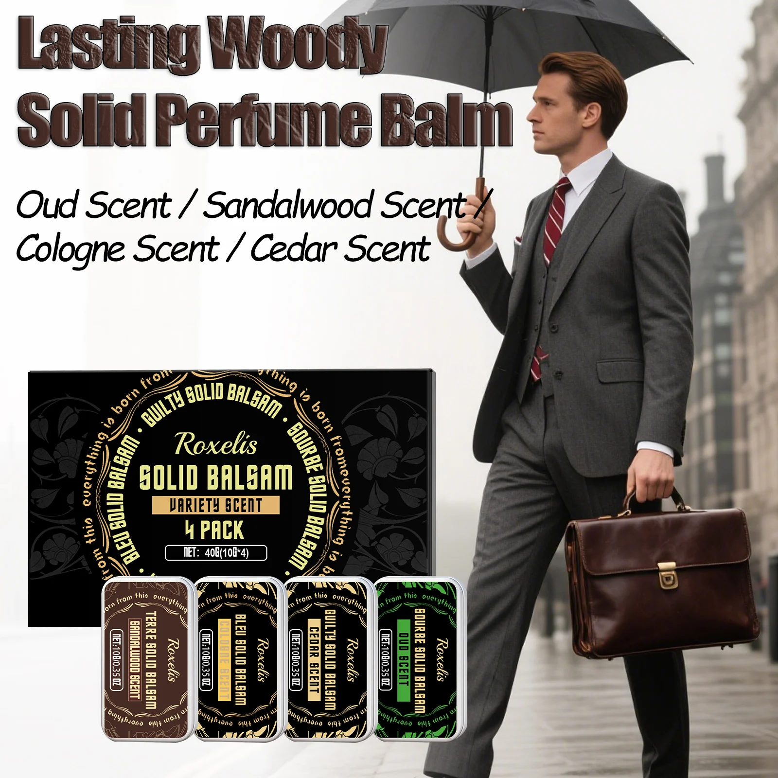 

4In1 Classical Solid Cologne For Men Lasting Woody Tone Fragrance Deodorant Set Natural Fresh Solid Perfume Charming DatePerfume