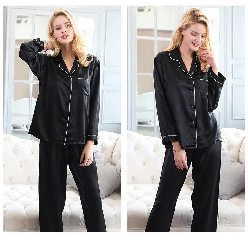 16MM 100% Silk Pajamas Set for Women Summer and Autumn Long-sleeved  Home Service Silk Women's Pocket Pijama Set