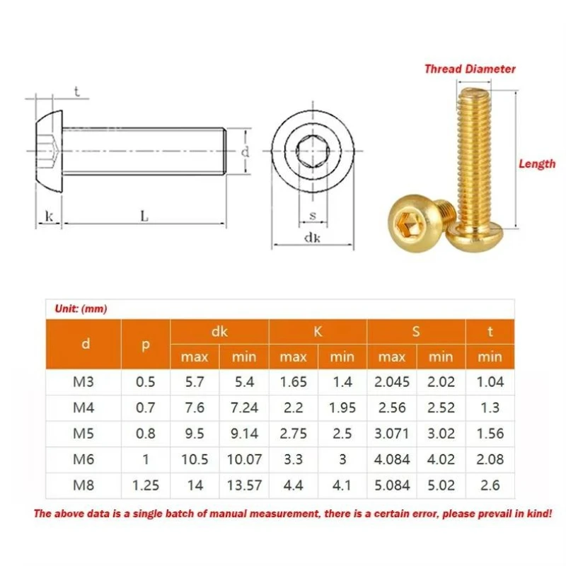 1-50Pcs M2 M2.5 M3 M4 M5 M6 M8 M10 M12 Pure Brass Round button head Hex Socket Half Round Golden Screw Pan Head Bolts