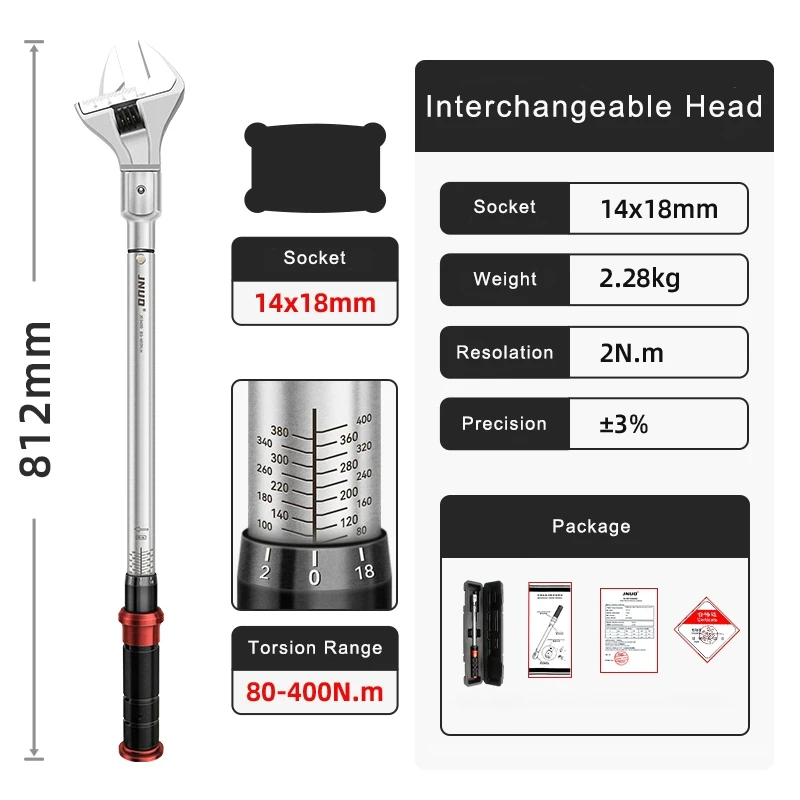 JNUO Interchangeable Head Torque Wrench Set Plug-in Socket Adjustable Square Hole Opening Torque Movable head 60-330N.m