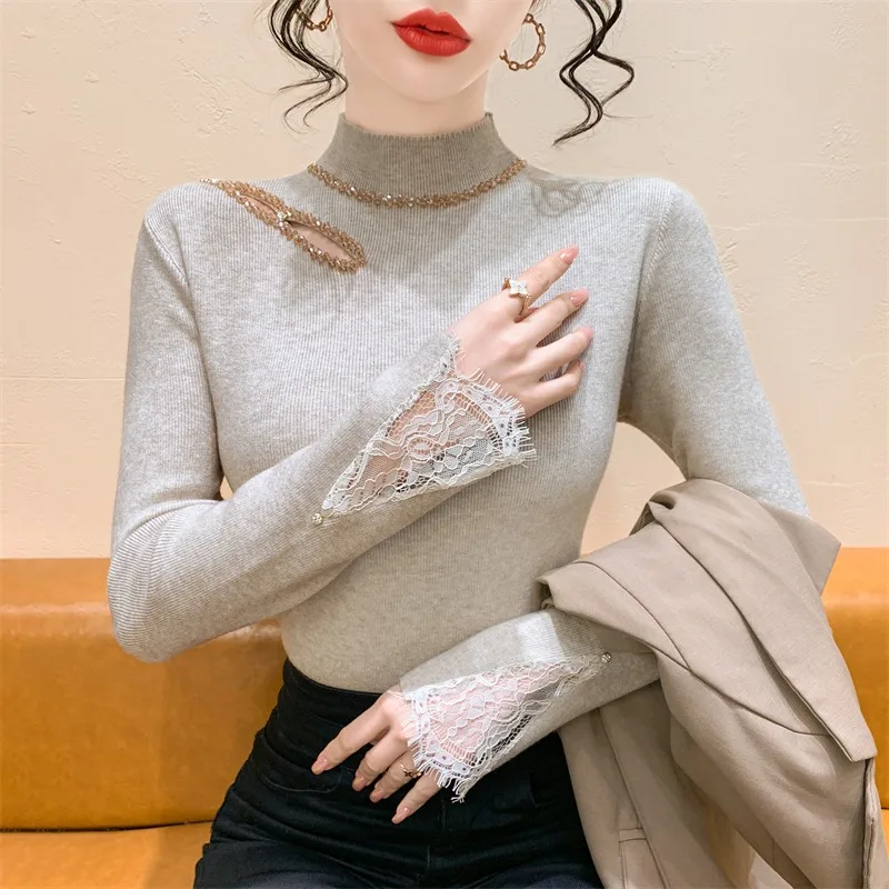 Kant Splice Hollow Out Gebreide Top Dames Slim Fit Hoge Kraag Innerlijke Slijtage Basis Irt Trui Bovenlichaam Koreaanse Sle pendelen