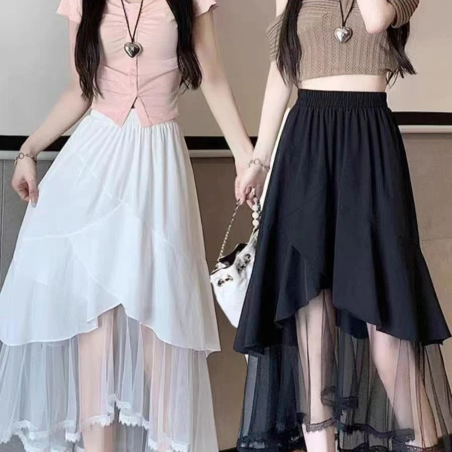 Women's Slimming Mid-length Mesh Skirt, A-line Skirt with Chiffon Overlay, Stylish Summer, 2024