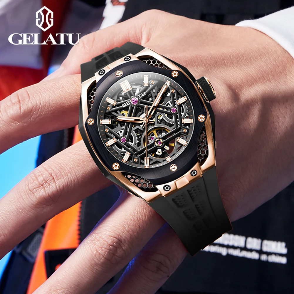 GELATU Automatic Mechanical Watch Business Sports Waterproof Silicone Band Trendy Sapphire Mirror Men's Watch Luxury Brand Watch